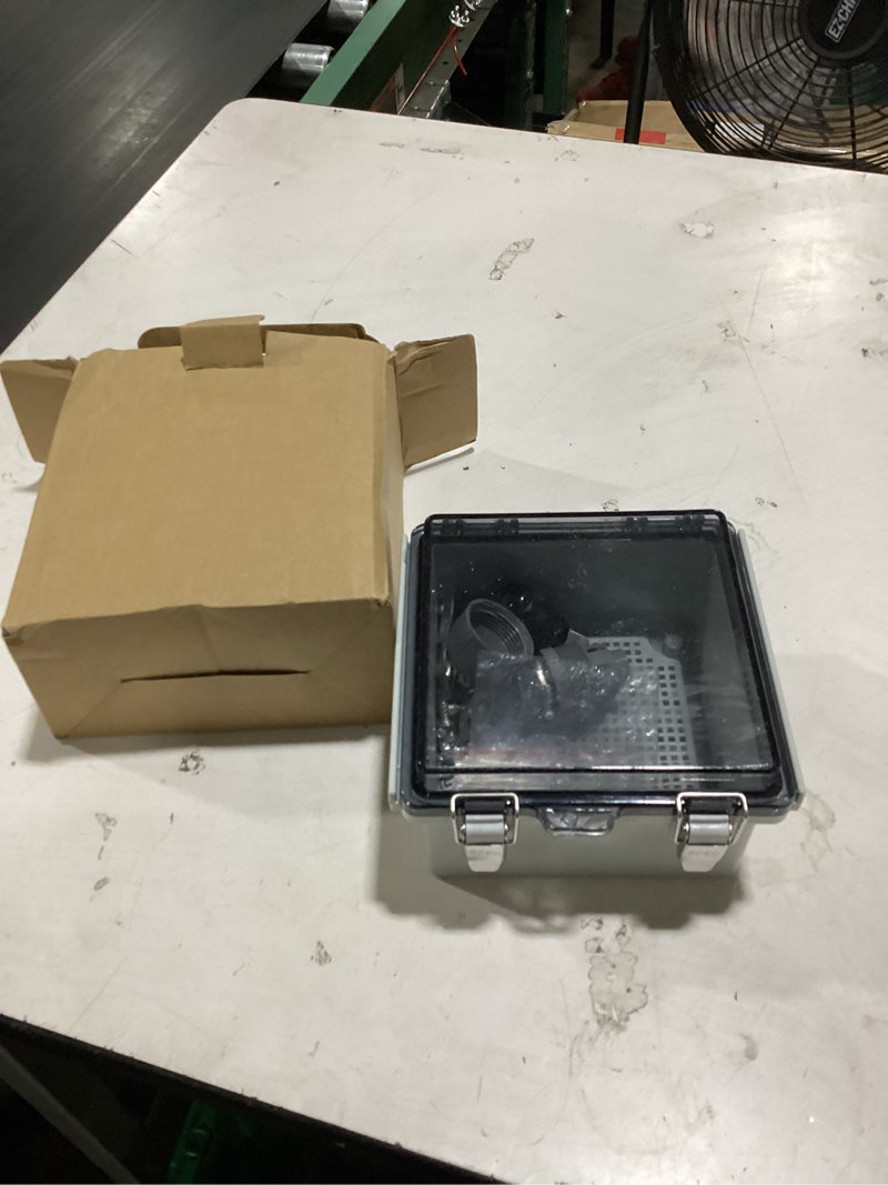 Condition photo showing New/Like New for joinfworld 6x6x4 outdoor electrical box weatherproof junction box | ip67 waterproof abs box with, stainless latch, aluminum din rail, 3 npt1/2" fittings for starlink, pump & home diy 5.9"x5.9"x3.5" clear