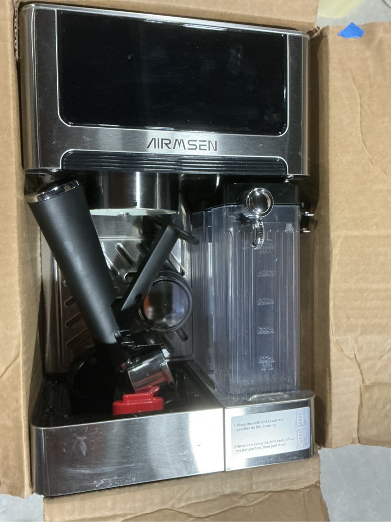 Condition photo showing As Is for airmsen 20 bar espresso machine with automatic milk frother, cappuccino & latte coffee maker with quick brew dual boiler (1350w + 1000w), stainless steel, 60oz water tank, touchscreen