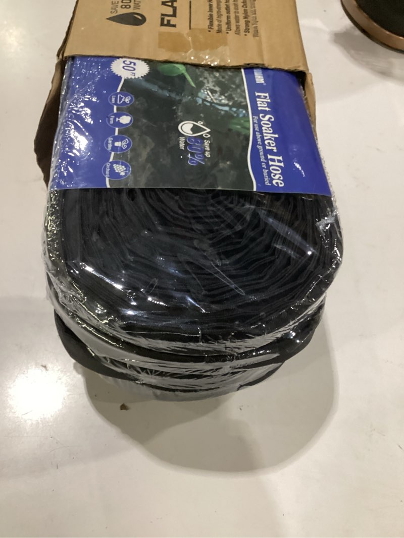 Condition photo showing New/Like New for flat soaker hose 50ft*4 heavy duty double layer design save 80% water for garden lawn and flower bed drip irrigation (200ft)