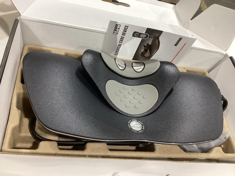 Condition photo showing Good Condition for multi-function cervical traction device, neck stretcher massager with dynamic stretching, heat therapy and 3 mode electrotherapy for neck pain relief, 104 to 122?, easy to use at home a: phantom black