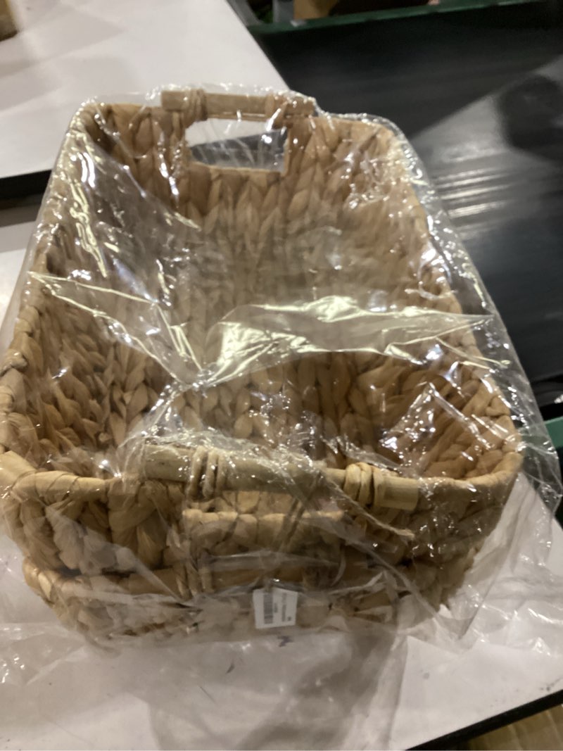 Condition photo showing New/Like New for medium rectangular handwoven wicker basket - water hyacinth storage baskets with 2 polished wooden handles for store hand towel, fruits & veggies etc – 10.75"x15.25"x5" - pack of 2 - natural