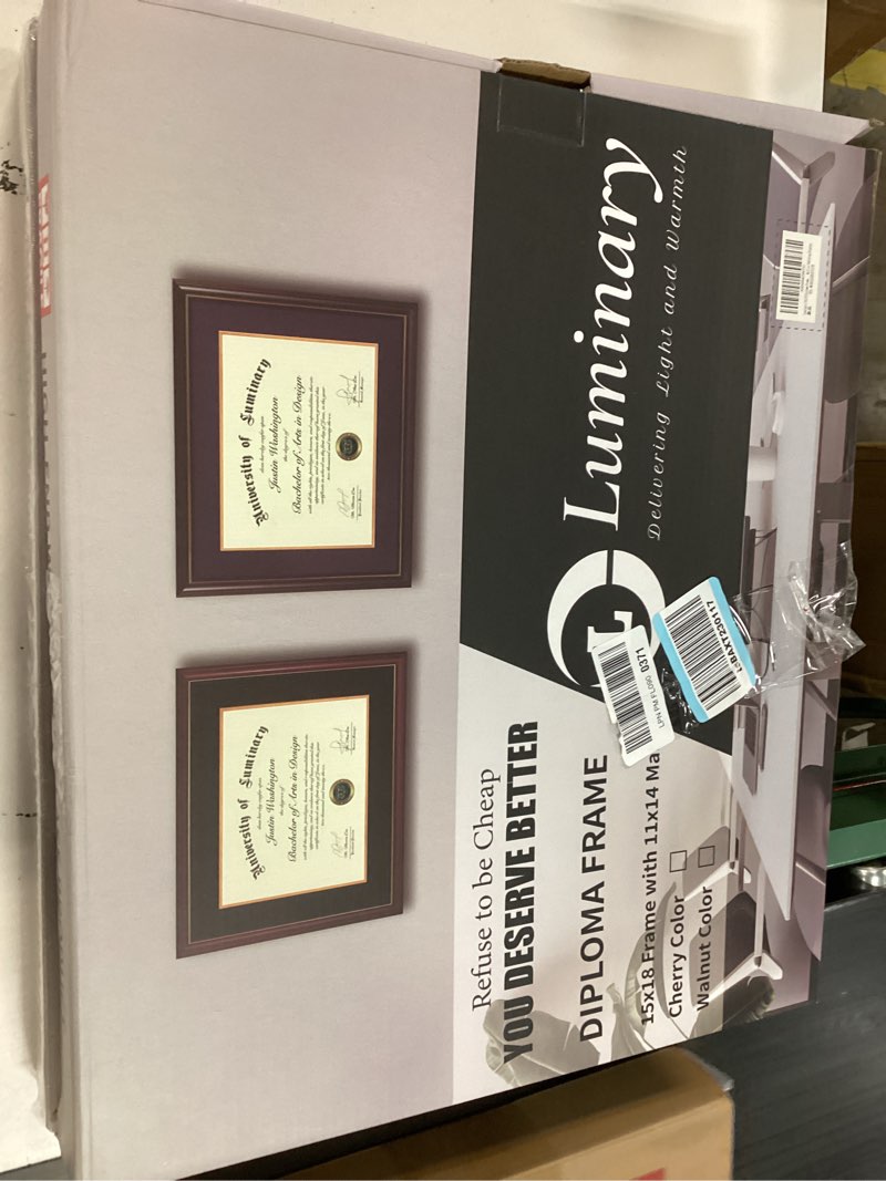 Condition photo showing New/Like New for luminary 15x18 wood diploma frame with 11x14 opening black mat for college degree certificate document, walnut color wooden frame with tempered glass panel for wall mount display black mat 15x18 for 11x14
