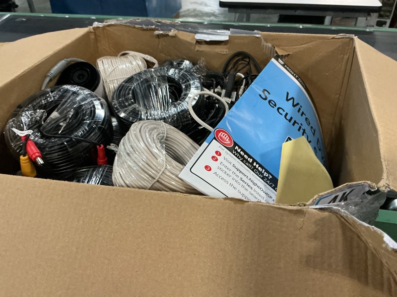 Condition photo showing As Is for night owl 20 channel (16 wired / 4 wi-fi) dvr with 2tb hard drive and 10 wired 4k deterrence cameras with 2-way audio