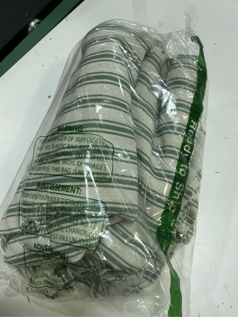Condition photo showing New/Like New for XOGUIBO Farmhouse Shower Curtain with Ruffle Hem Linen Shower Curtains for Bathroom Country Vintage Rustic Natural Fabric, Cream-Green Stripe 72" W x 78" L Cream-green Stripe 72"W x 78"L
