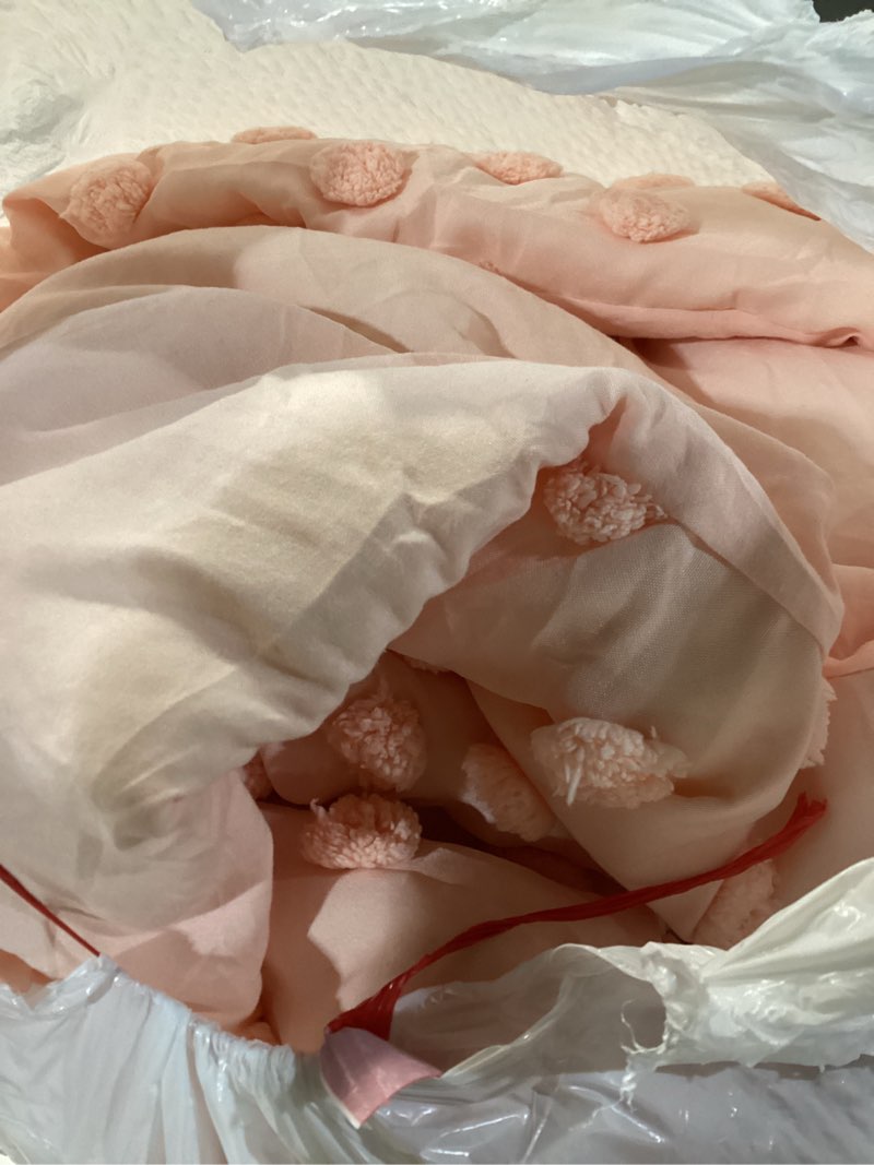 Condition photo showing As Is for geniospin pink full comforter set for girls- 7 pieces pom tufted bed in a bag full bedding sets with sheets, pillowcases & shams, all season kids comforter set pink full (76"x86")