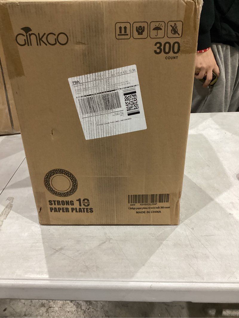 Condition photo showing New/Like New for Ginkgo Paper Plates 10 inch Bulk 300 Count, Thickened Disposable Plates Large Heavy Duty Dinner Paper Plates for Holiday, Party, Picnic and Everyday Use 10inch-300