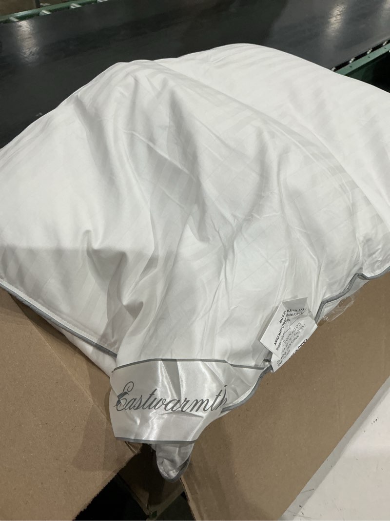 Condition photo showing As Is for goose down feather soft pillows one pillow 100% cotton supportive bed pillow stripe white color king size 20x36 inch