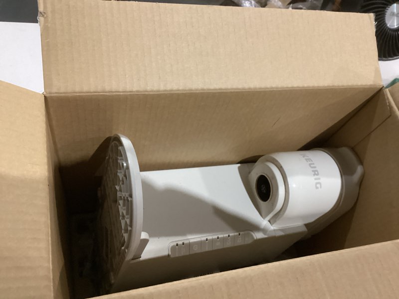 Condition photo showing As Is for keurig k-express single serve k-cup pod coffee maker, 3 brew sizes, strong button feature, 42oz removable reservoir, warm stone