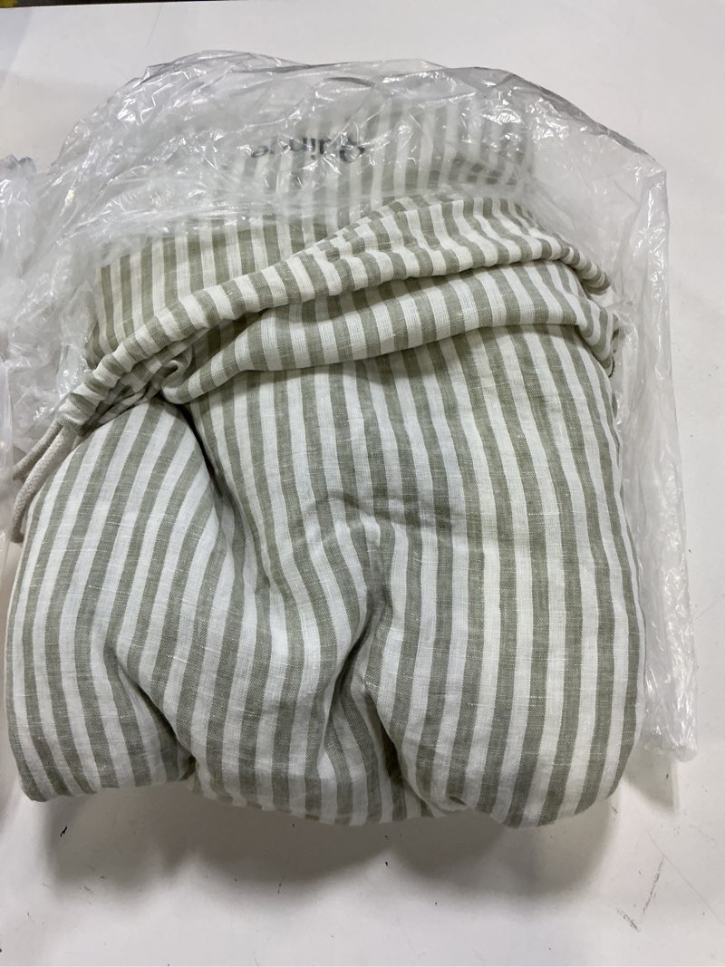 Condition photo showing As Is for quince european linen duvet cover, full/queen, willowleaf/white stripe