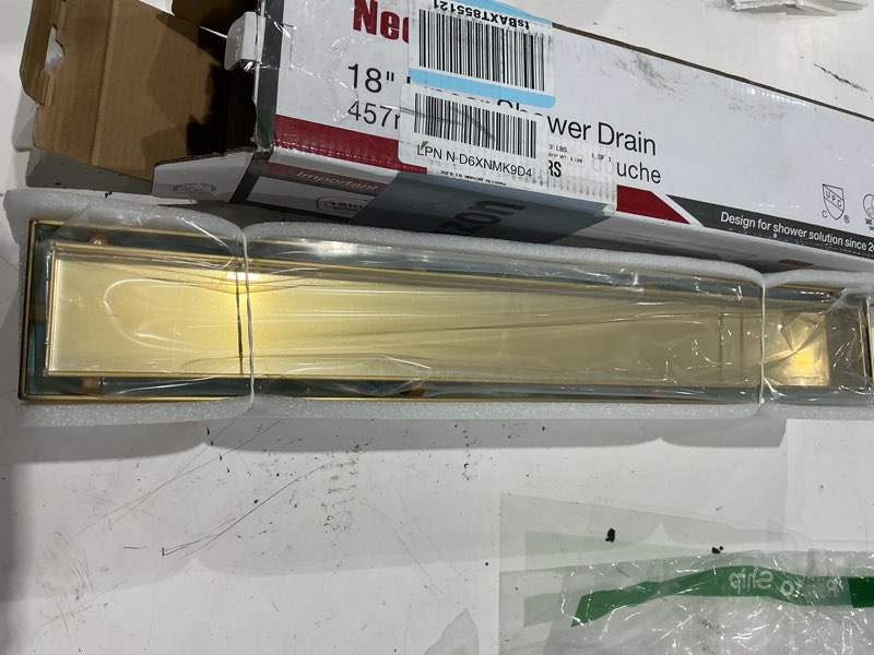 Condition photo showing Good Condition for neodrain 18-inch gold linear shower drain, 2-in-1 flat & tile insert cover, stainless steel linear drain, brushed brass rectangle shower floor drain with hair strainer, watermark&cupc certified golden 18 in