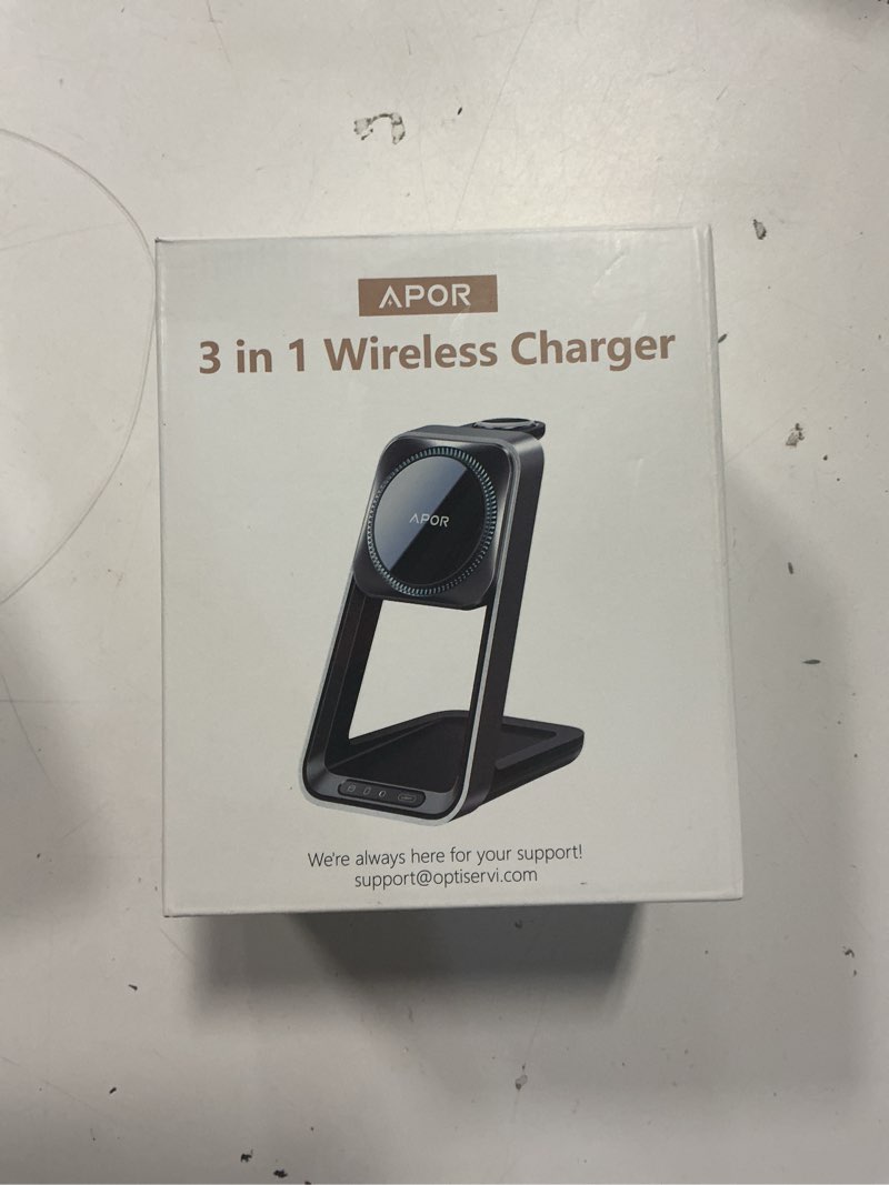 Condition photo showing New/Like New for Apor 3 in 1 Charging Station for iPhone, Magsafe Wireless Charger with Cooling Fan for iPhone 17 16e 16 15 14 13 12 Series & Apple Watch Charger, Wireless Charging Station for AirPods 4/3/Pro (Blue)