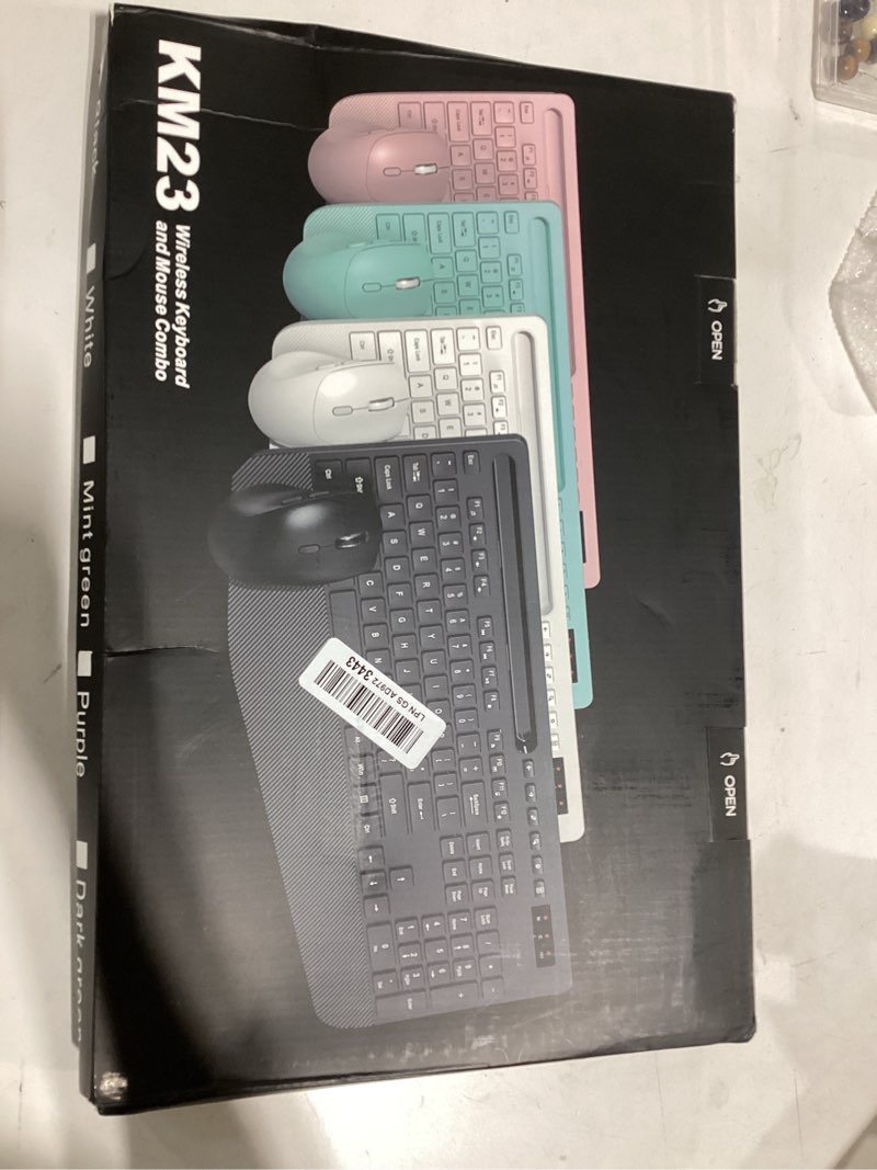 Condition photo showing As Is for wireless keyboard and mouse combo - full-sized, ergonomic wrist rest | phone holder, sleep mode, 2.4g quiet keyboard for pc laptop, trueque km23 complete work setup for office or home black 1 pack