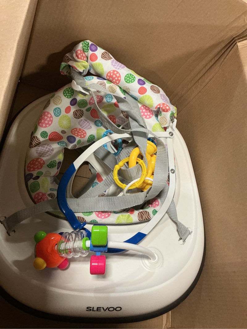 Condition photo showing As Is for slevoo baby jumper, baby door jumper with bumper, play tray and two jingle rattles, joyful bubbles