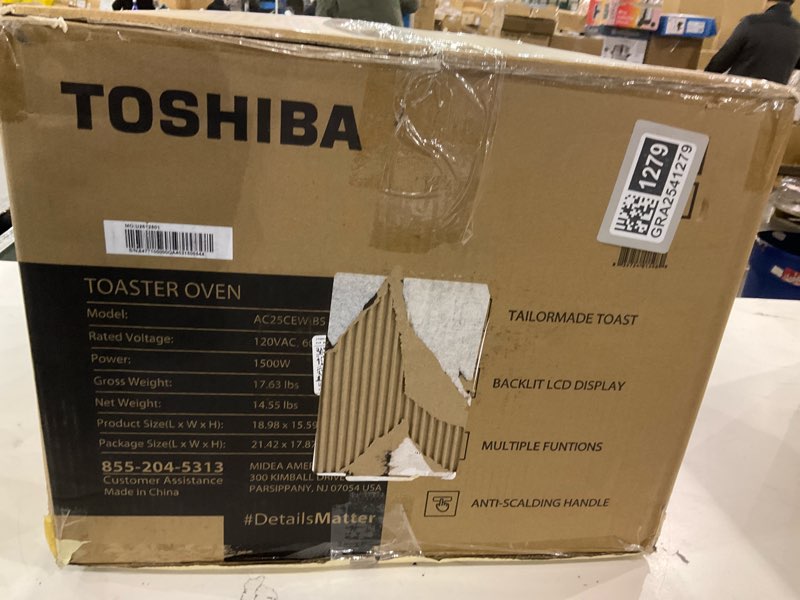 Condition photo showing New/Like New for TOSHIBA AC25CEW-BS Large 6-Slice Convection Toaster Oven Countertop, 10-In-One with Toast, Pizza and Rotisserie, 1500W, Black Stainless Steel, Includes 6 Accessories Black Stainless Steel 25L-BS