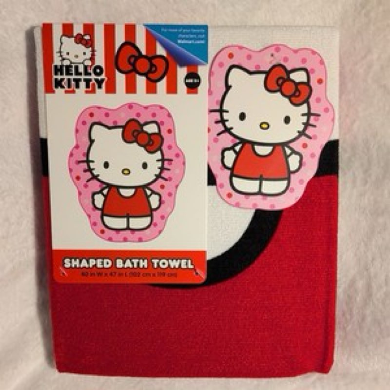 Condition photo showing New/Like New for hello kitty children's bath towel 40\"wx47\"l shaped hello kitty pink & red cute