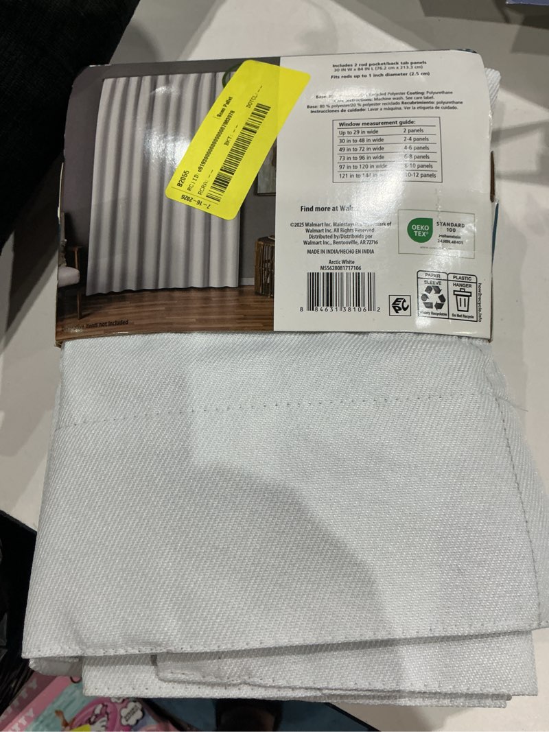 Condition photo showing Good Condition for mainstays white solid blackout rod pocket with back tabs curtain panel pair  set of 2  30  w x 84  l