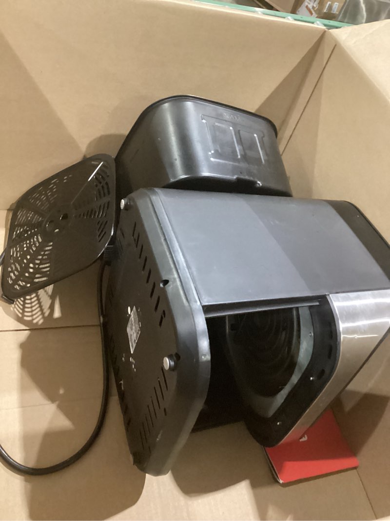 Condition photo showing As Is for gourmia air fryer - 8 qt extra large capacity, fryforce360º, digital display with 12 presets, roast, bake, broil, dehydrate, dishwasher safe accessories, stainless steel
