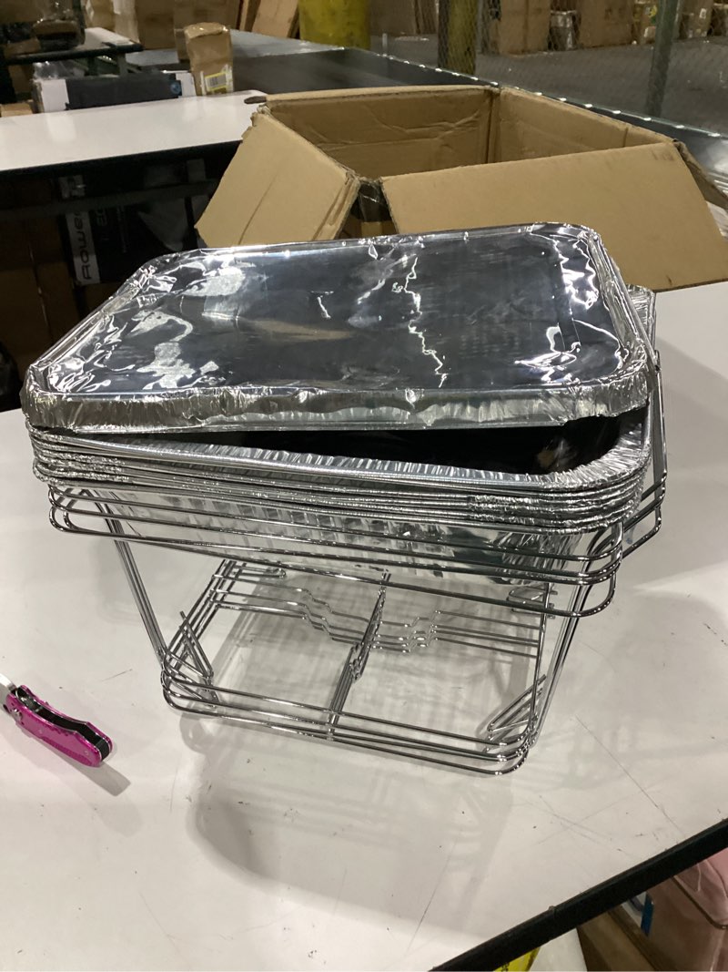 Condition photo showing As Is for incomplete alpha living disposable chafing dish buffet set, half size pans, welded body food warmers for parties, fuel cans complete set, warming trays complete kit (with racks)