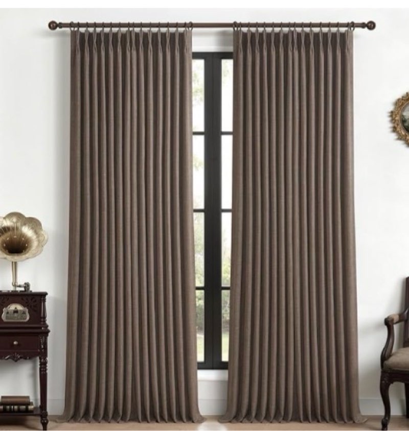 dark brown pleated double layer thick linen curtains  long for bedroom, memory trained pinch pleat blackout thermal noise blocking rustic windows curtain & drapes, 4 panels