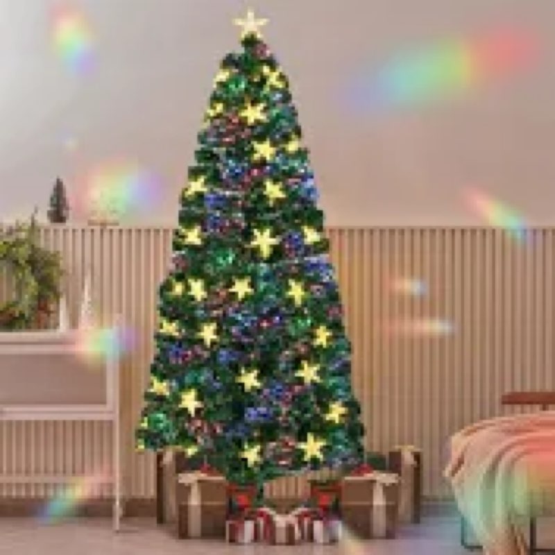 Juegoal 7ft Pre-Lit Artificial Christmas Tree, Lighted Optical Fiber Xmas Trees with Warm White Larg