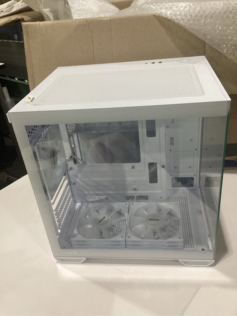 Condition photo showing Good Condition for okinos aqua uno micro atx case, no radiator support, max gpu length , quick-release panoramic tempered glass front & side, argb fans pre-installed, type-c 5gbps, polar white
