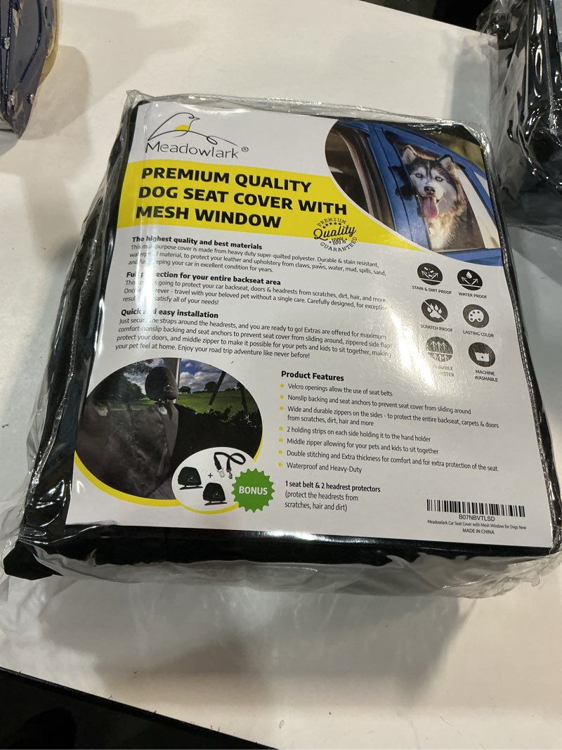 Condition photo showing New/Like New for Meadowlark Dog Car Seat Cover with Mesh Window, Heavy-Duty Pet Seat Cover for Back Seat, Extra Padded Non-Slip Dog Hammock, Water-Resistant Back Seat Protector for Cars Trucks and SUVs (54" W x 58" L) 58" L x 54" W without Seat Belt Black / Mesh