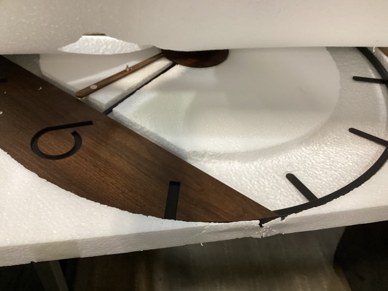 Condition photo showing As Is for Cuspin Large Wall Clock 30 Inch Modern Farmhouse Wall Clock Battery Operated for Living Room Decor, Walnut Wood Dial with Black Metal Frame, Silent Non Ticking Clocks for Kitchen, Office, Bedroom Modern Walnut 30 Inch