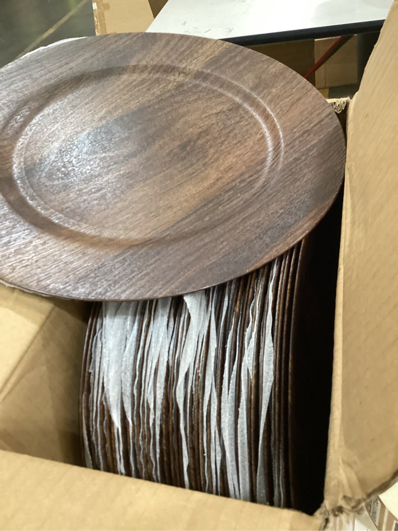 Condition photo showing Good Condition for jevergn 24 pack farmhouse charger plates, 13'' faux wood chargers for dinner plates, brown plate chargers set of 24, round plastic charger for wedding, party event, dinner, table setting