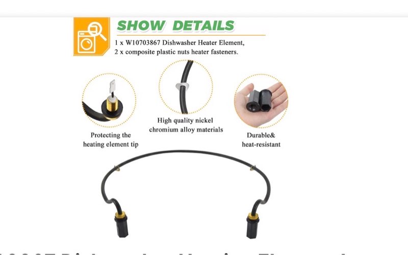 w10703867 dishwasher heating element compatible with whirlpool kitchenaid kenmore dishwasher replaces w10696509 w10473250 w10195052 w10329322 w10518402 w10687954