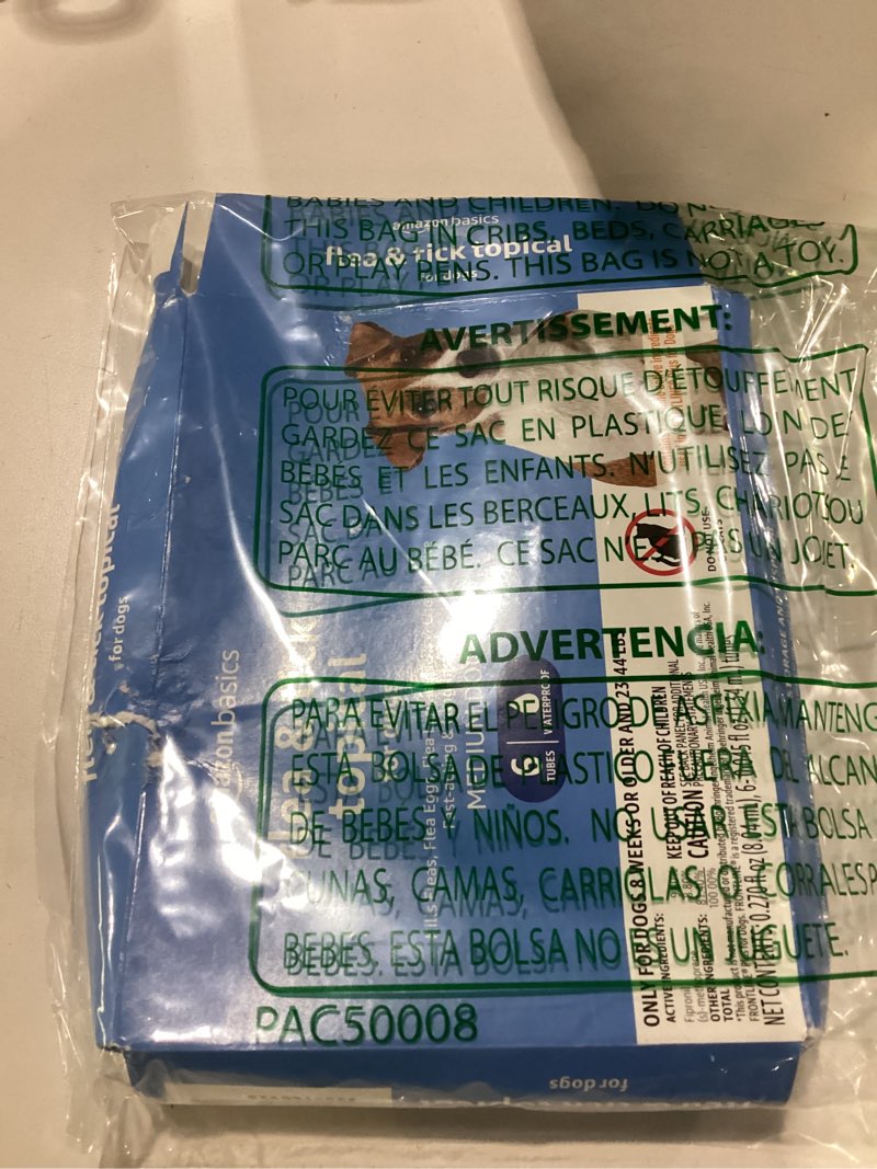 Condition photo showing As Is for amazon basics preventative flea and tick topical treatment for dogs, medium dog (23-44 lbs), fast acting and long lasting, 6 counts, packaging may vary
