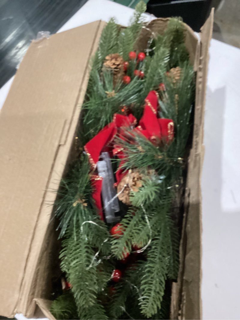 Condition photo showing As Is for Hiboom 3 Pack Artificial Christmas Teardrop Swags 24" Xmas Cordless Prelit Stairway Swag Christmas Garland Stairs Rails Decoration with LED Lights for Indoor Outdoor(Red,Delicate Style) Red Delicate Style