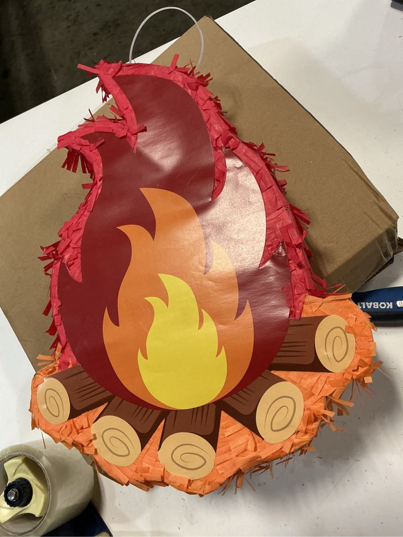 Condition photo showing New/Like New for adventure camping pinata with stick blindfold fake fire pinata for kids boys girls birthday party decoration camping adventure decor?small, 15.35x11.8x3.14’‘?