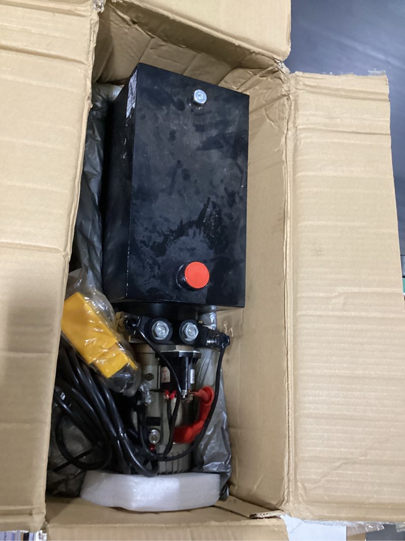 Condition photo showing As Is for 12v dc hydraulic power device 10 quart double acting hydraulic dump trailer pump for lifting and lowering dump trailer trucks