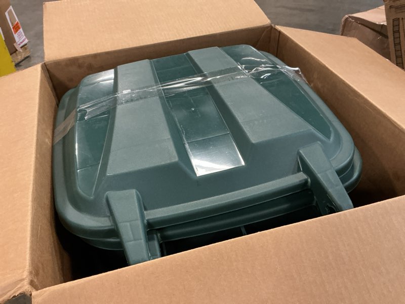 Condition photo showing Good Condition for ecosolution 32 gallon wheeled outdoor garbage can with attached snap lock lid and heavy-duty handles, eco green, heavy-duty construction, perfect back yard, deck, or garage trash can, pack of 2 eco green 32 gallon - 2 pack wheeled garbage can