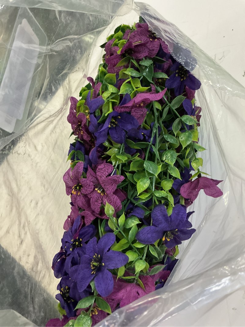 Condition photo showing Good Condition for artificial fake hanging flowers plants for outdoor spring decoration,2 pcs faux silk daisy with eucalyptus leaves,uv resistant look real for outside home indoor planter porch patio balcony yard decor double purple