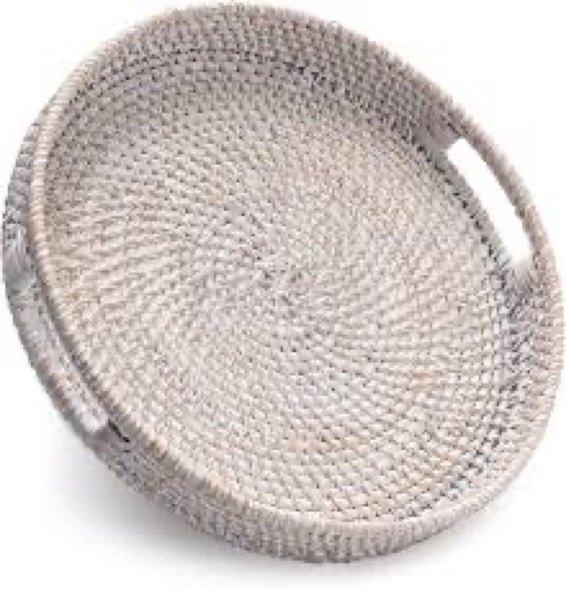 round rattan tray, decorative coffee table trays, ottoman tray, woven serving tray with handles, wicker serving basket, whitewash