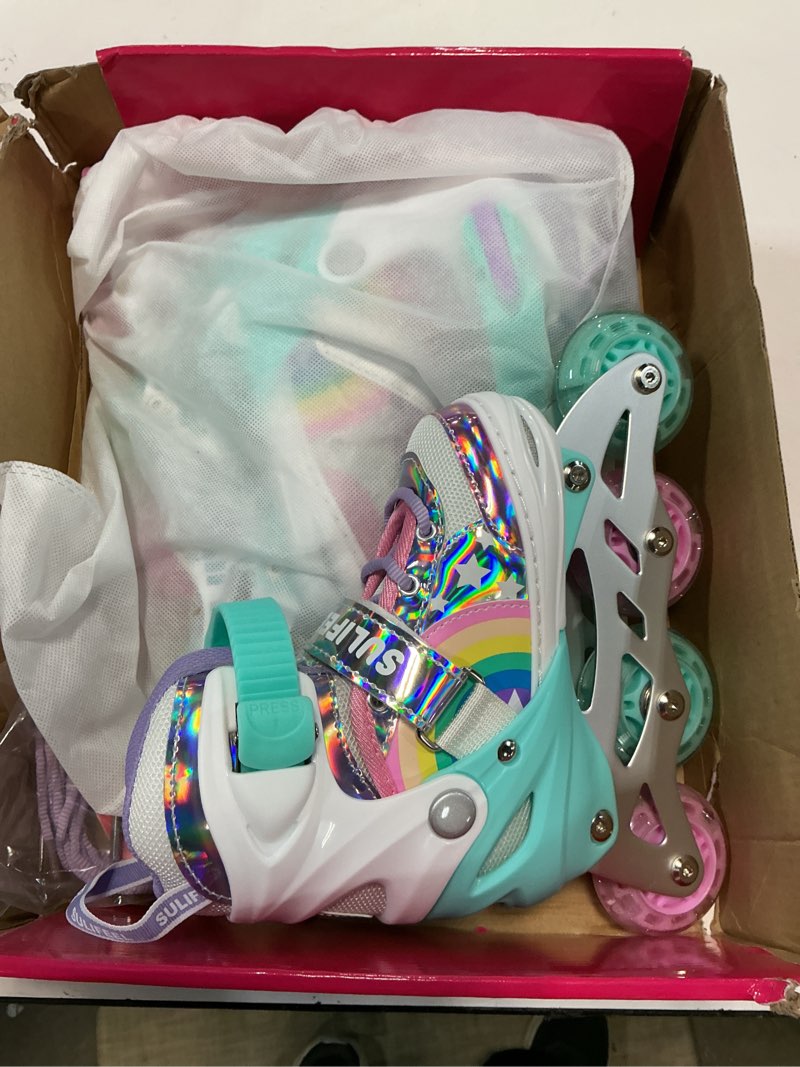 Condition photo showing Good Condition for sulifeel rainbow unicorn inline skates for girls boys 4 size adjustable light up wheels skates for kids beginner a rainbow small - little kid