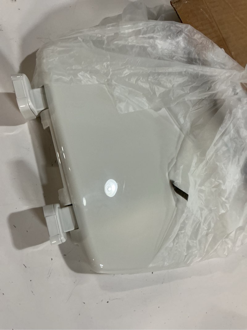 Condition photo showing As Is for mayfair caswell modern slow close toilet seat, durable plastic, elongated, white elongated 1 seat