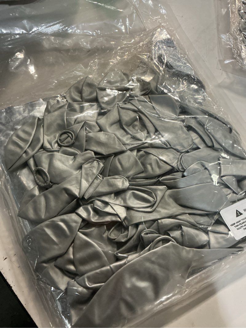 Condition photo showing Good Condition for 50pcs metallic silver square foil balloons wall backdrop with 79pcs metallic silver balloon garland arch kit, double sided balloon tunnel for anniversary engagement birthday prom decorations