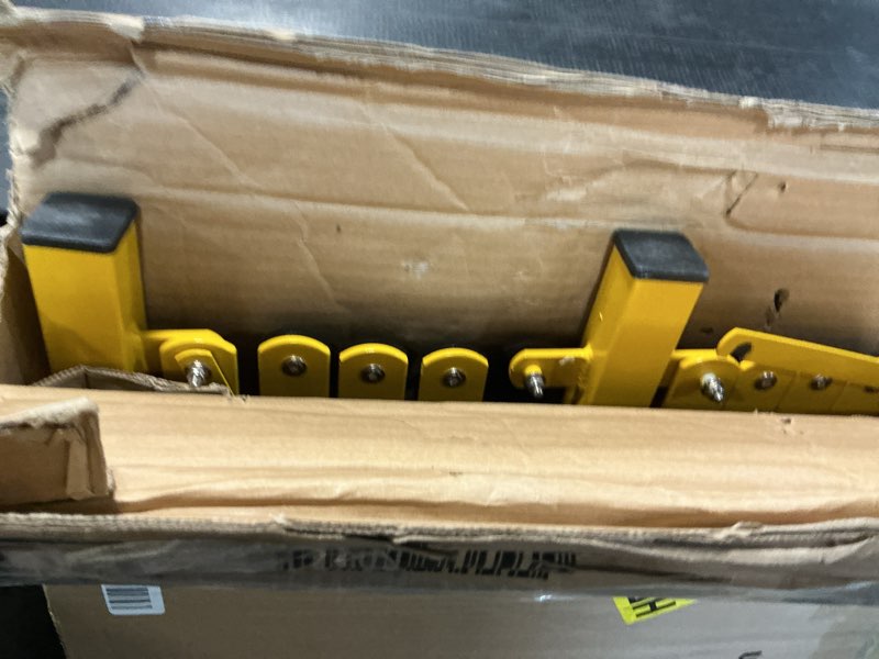 Condition photo showing As Is for trafford industrial expandable metal barricade, 16 feet, yellow and black, mobile safety barrier gate, retractable traffic fence