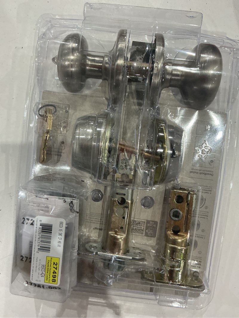 Condition photo showing As Is for cove satin nickel entry door knob and single cylinder deadbolt combo pack featuring smartkey and microban