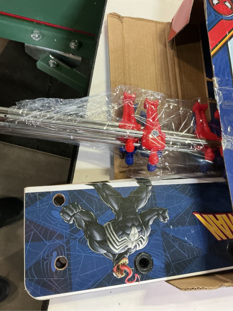 Condition photo showing As Is for world tech toys marvel spider-man foosball table for kids – tabletop soccer game with rod handles, ball & players – wooden spiderman game for kids 4+ – marvel licensed