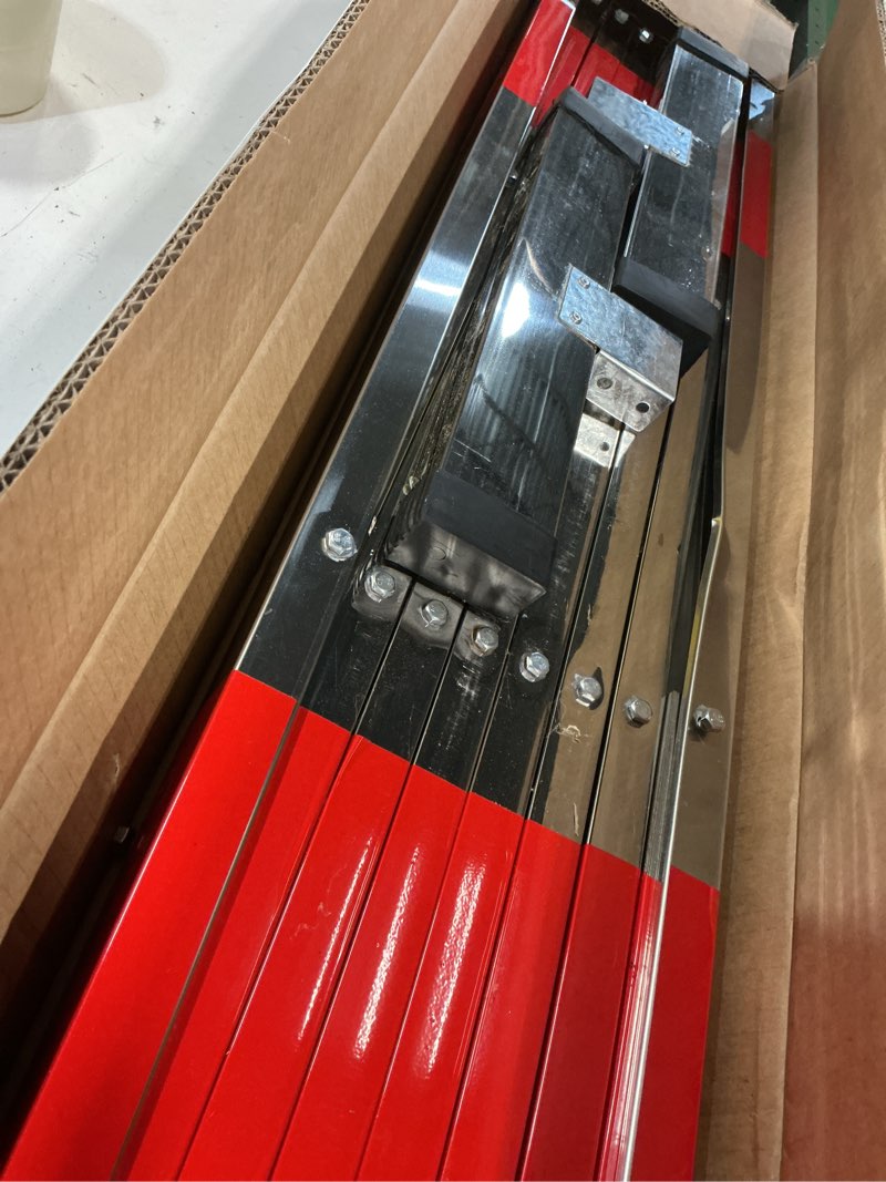 Condition photo showing As Is for 10 ft x 47" scissor expandable gate, heavy duty stainless steel retractable safety barricade, folds flat for easy storage, mobile construction barrier w/reflective strip for warehouse, garage,elevator