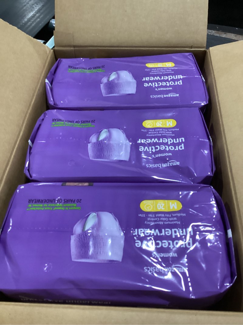 Condition photo showing New/Like New for amazon basics maximum absorbency incontinence underwear for women, disposable postpartum, bladder leak protection, odor control, soft, medium, lavender, 60 count (3 packs of 20) medium 60.0