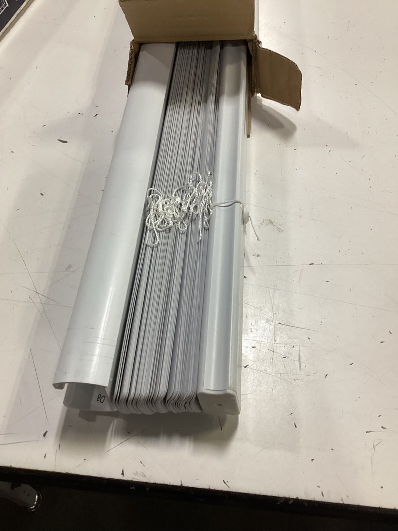 Condition photo showing As Is for project source light filtering 1-in slat width 35-in x 64-in cordless white vinyl light filtering mini-blinds