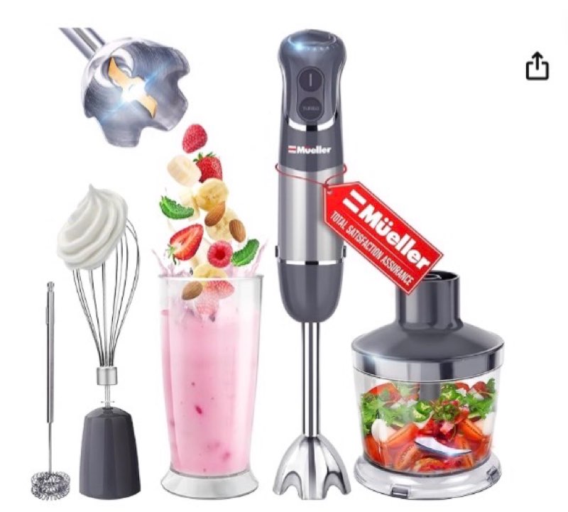 Mueller Multistick 5-in-1 Immersion Blender Handheld,12 Speed Hand Mixer-Turbo Boost,Heaviest Duty Copper Motor,Titanium reinforced Blades Hand Blender,Milk Frother Wand,Whisk,Beaker,Chopper,Grey