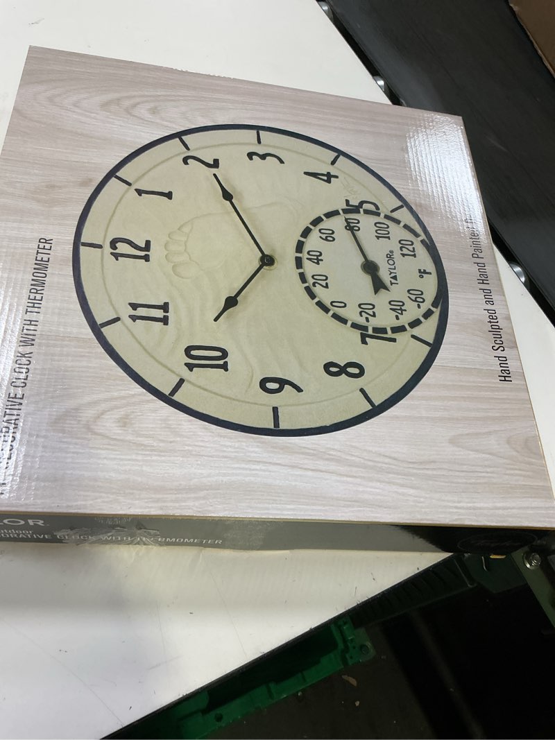 Condition photo showing New/Like New for taylor by the sea poly resin indoor and outdoor clock and thermometer, decorative and easy to read large numbers for kitchen, bathroom, living room and indoor areas, 14-inch, multi-color clock and thermometer by the sea