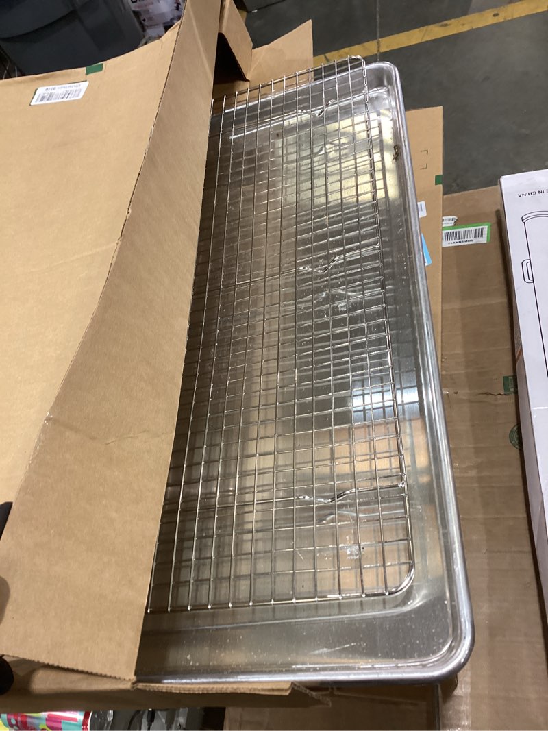 Condition photo showing As Is for 24 inch baking sheet pans with rack set, natural aluminum cookie sheet, extra large commercial quality baking sheet pan set, warp resistant nonstick thick cookie tray pans for baking, roasting