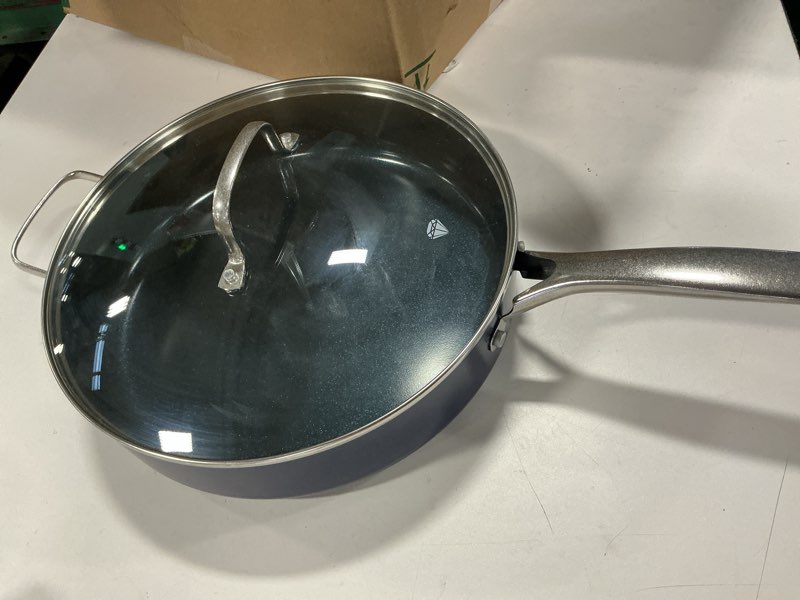 Condition photo showing New/Like New for Blue Diamond 5QT Saute Pan with Lid, Non Toxic PFAS-Free Diamond Ceramic Nonstick, Dishwasher & Oven Safe, Metal Utensil Safe, Deep Jumbo Cooker Skillet with Helper Handle, Glass Lid, Blue 5 Quart Saute Pan with Lid Blue