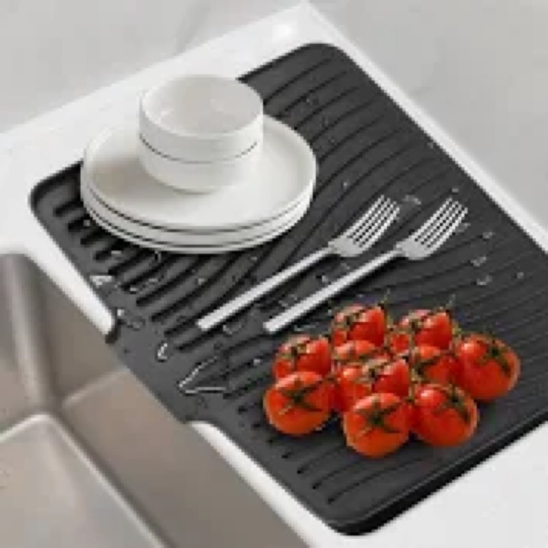 Silicone Dish Drying Mat for Kitchen Counter, Dish Drying Pad, Non-Slip Drain Pad with Built-in Drain, Heat Resistant Stone Drying Mat(15.8\" x 13\", Black)